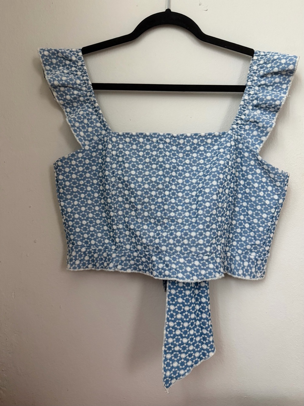 Blue Floral Square-Neck Crop Top with Tie Back